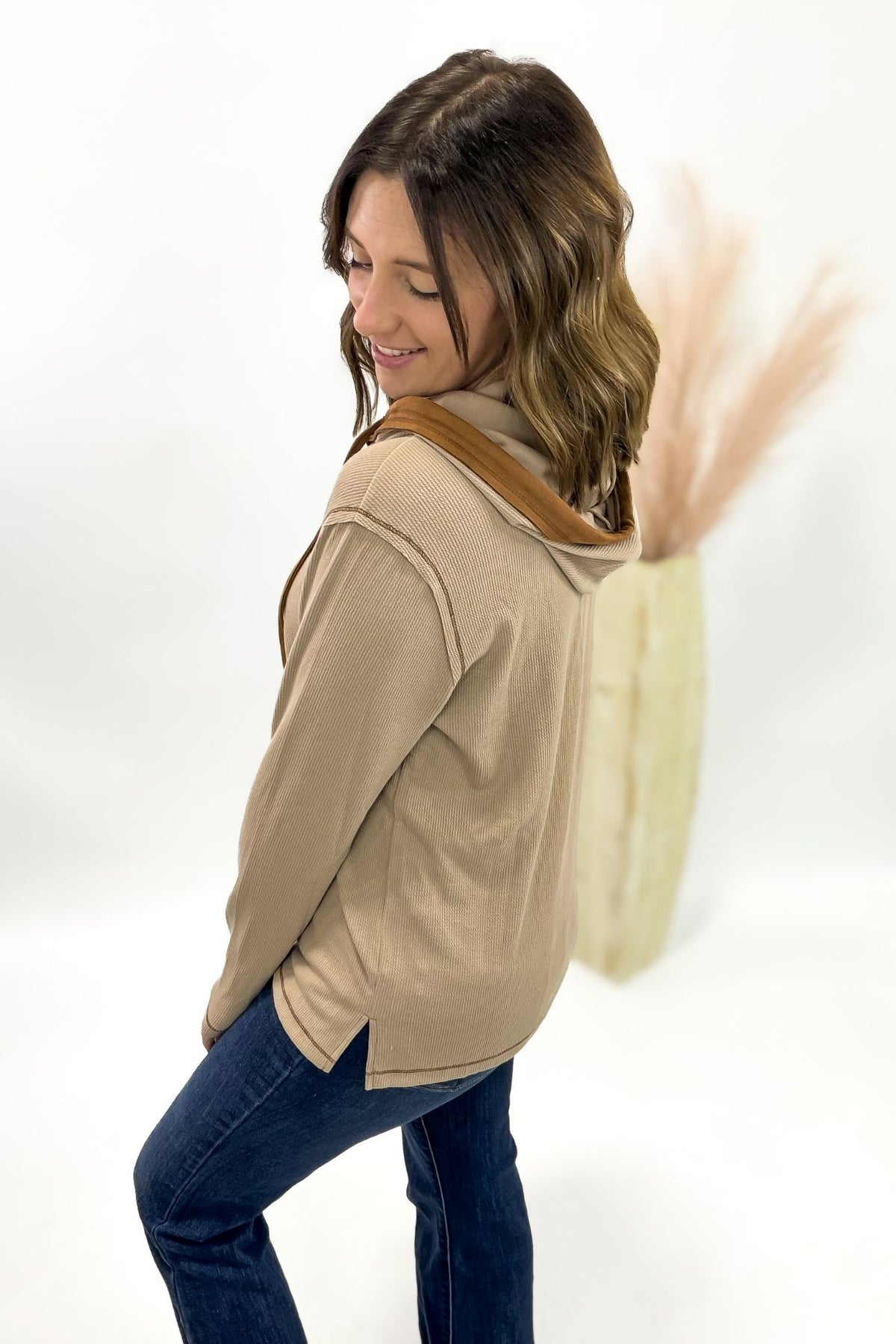 Camel Henley With Copper Suede Contrast