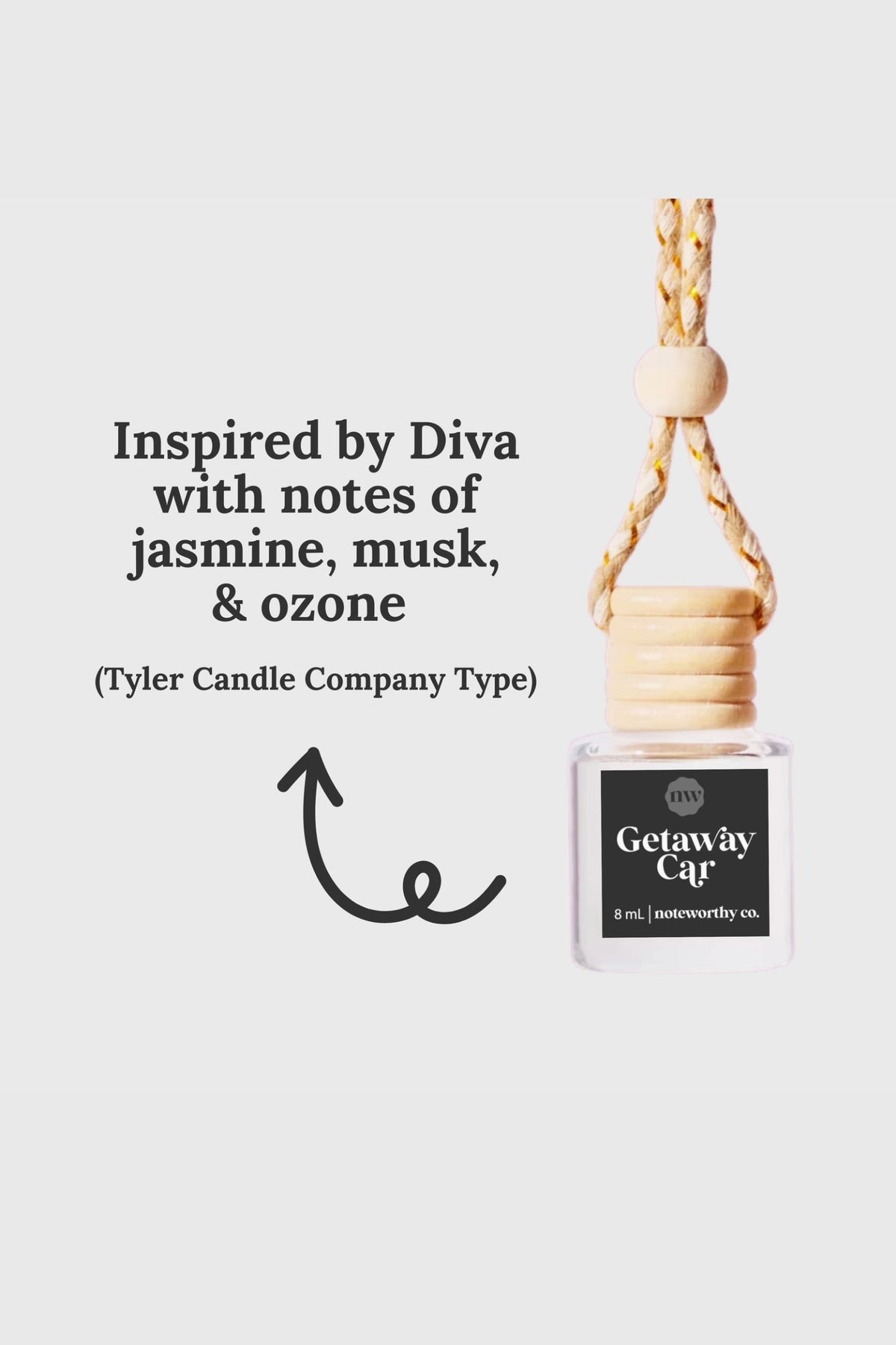 Car air freshener with text describing fragrance notes and brand on a white background