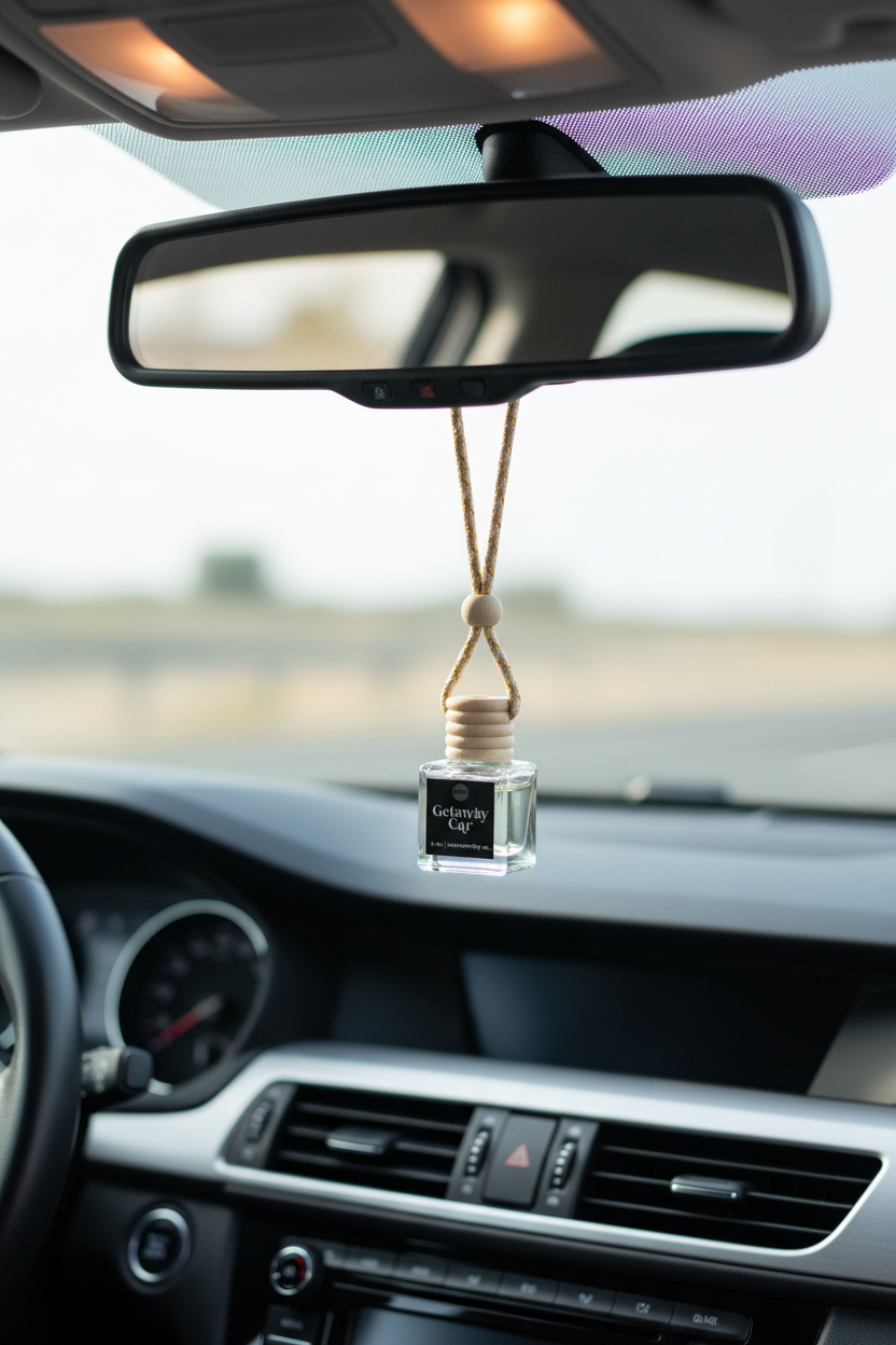 Car air freshener hanging from a mirror in a car's interior.
