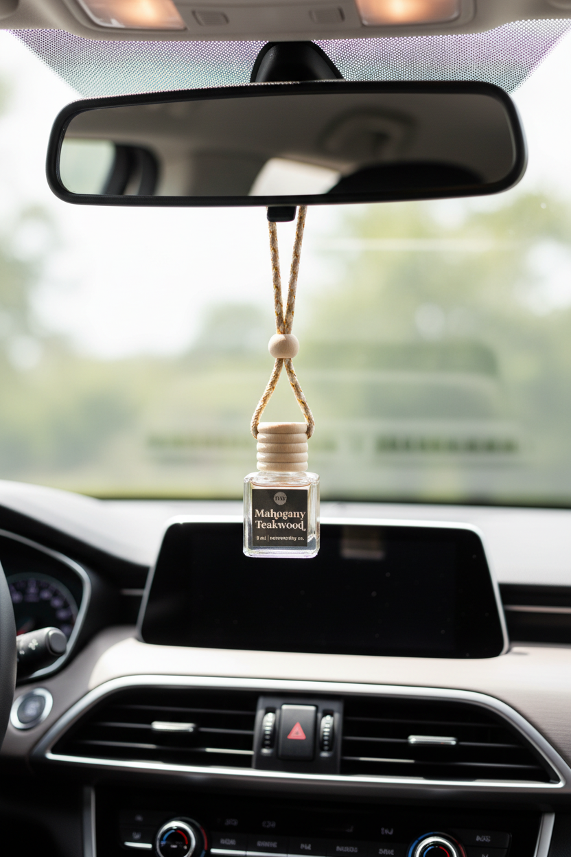 Car Diffusers - Mahogany Teakwood hanging from a car mirror