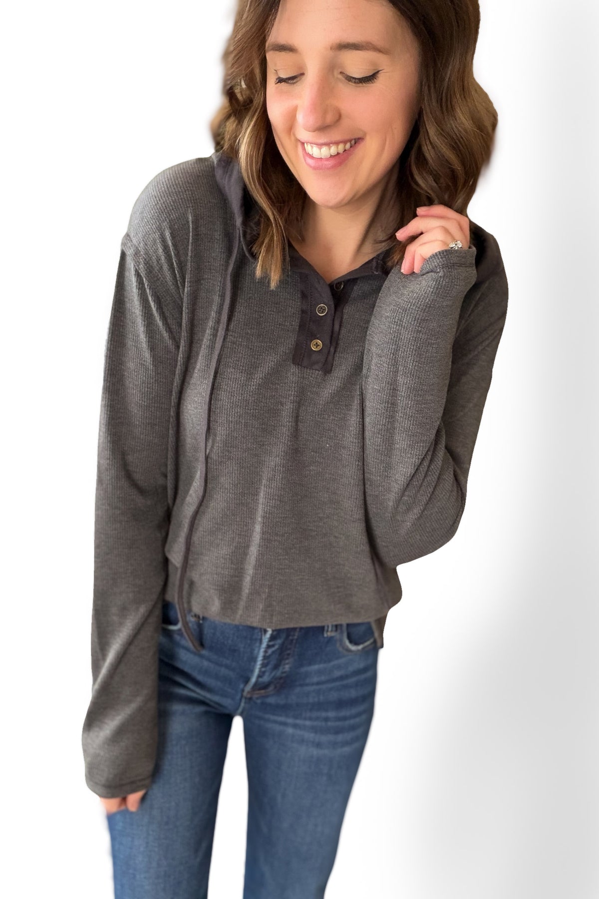 Charcoal Henley With Suede Contrast