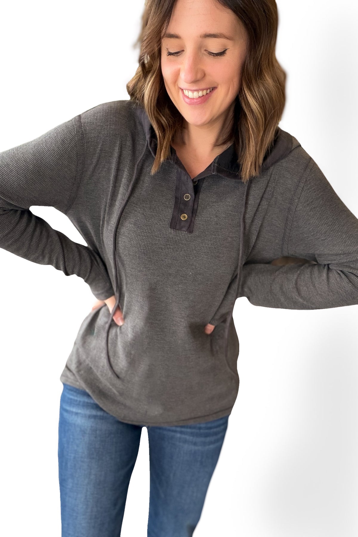 Charcoal Henley With Suede Contrast