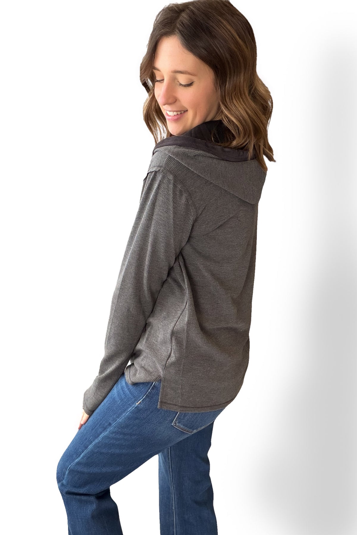 Charcoal Henley With Suede Contrast