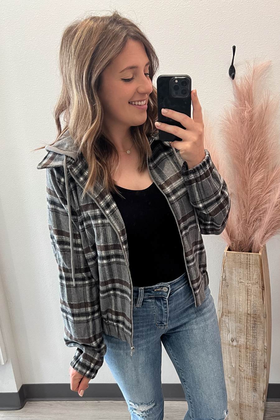 Charcoal Plaid Zip Jacket