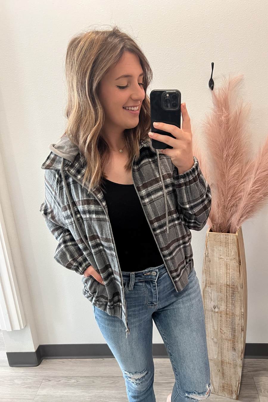 Charcoal Plaid Zip Jacket