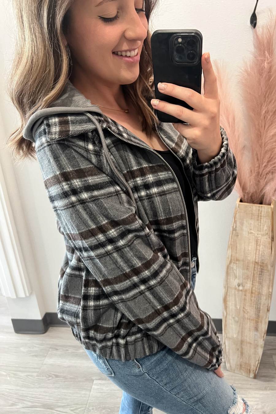 Charcoal Plaid Zip Jacket