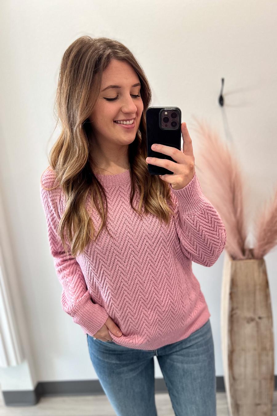 Chevron Textured Sweater- Pink