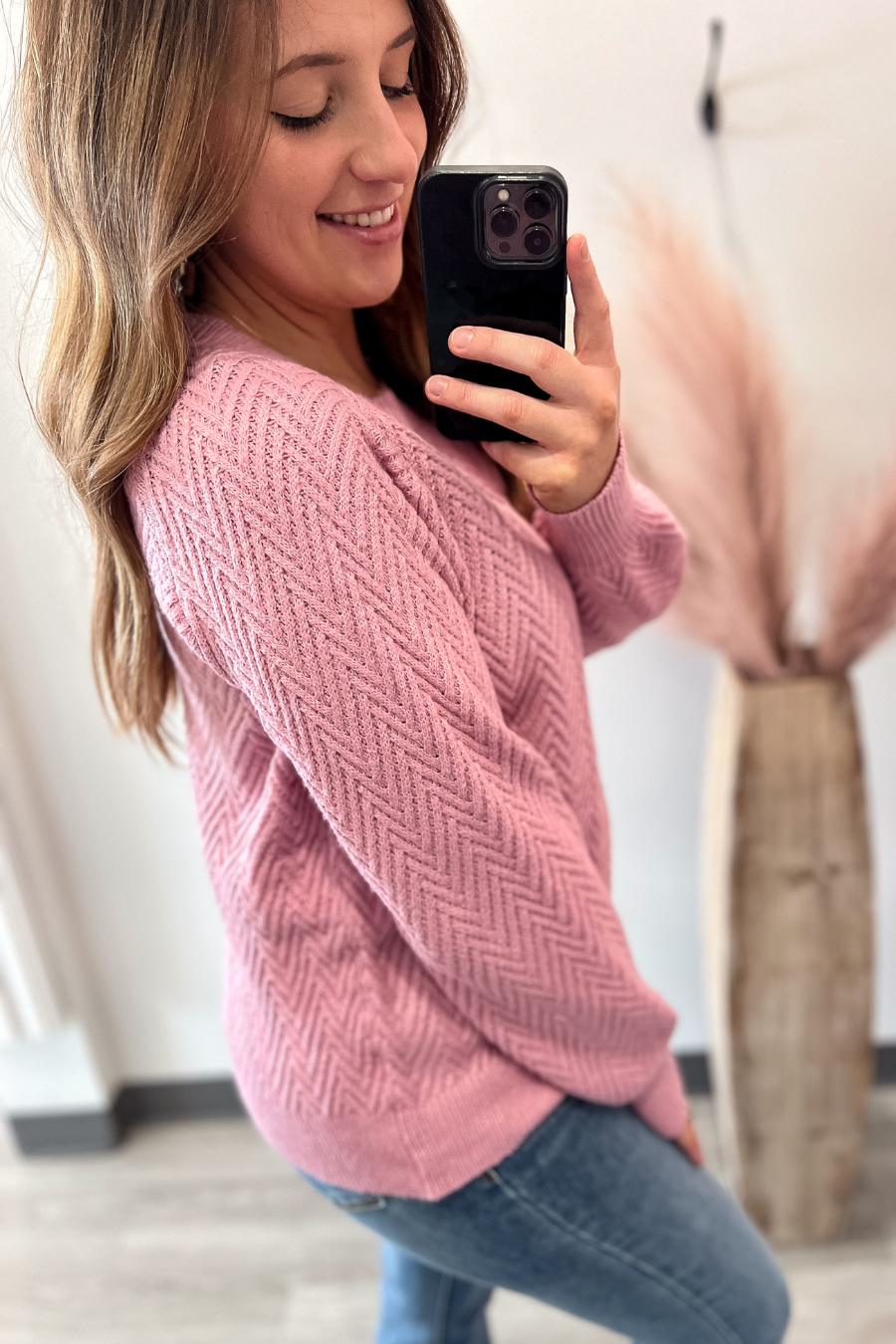 Chevron Textured Sweater- Pink