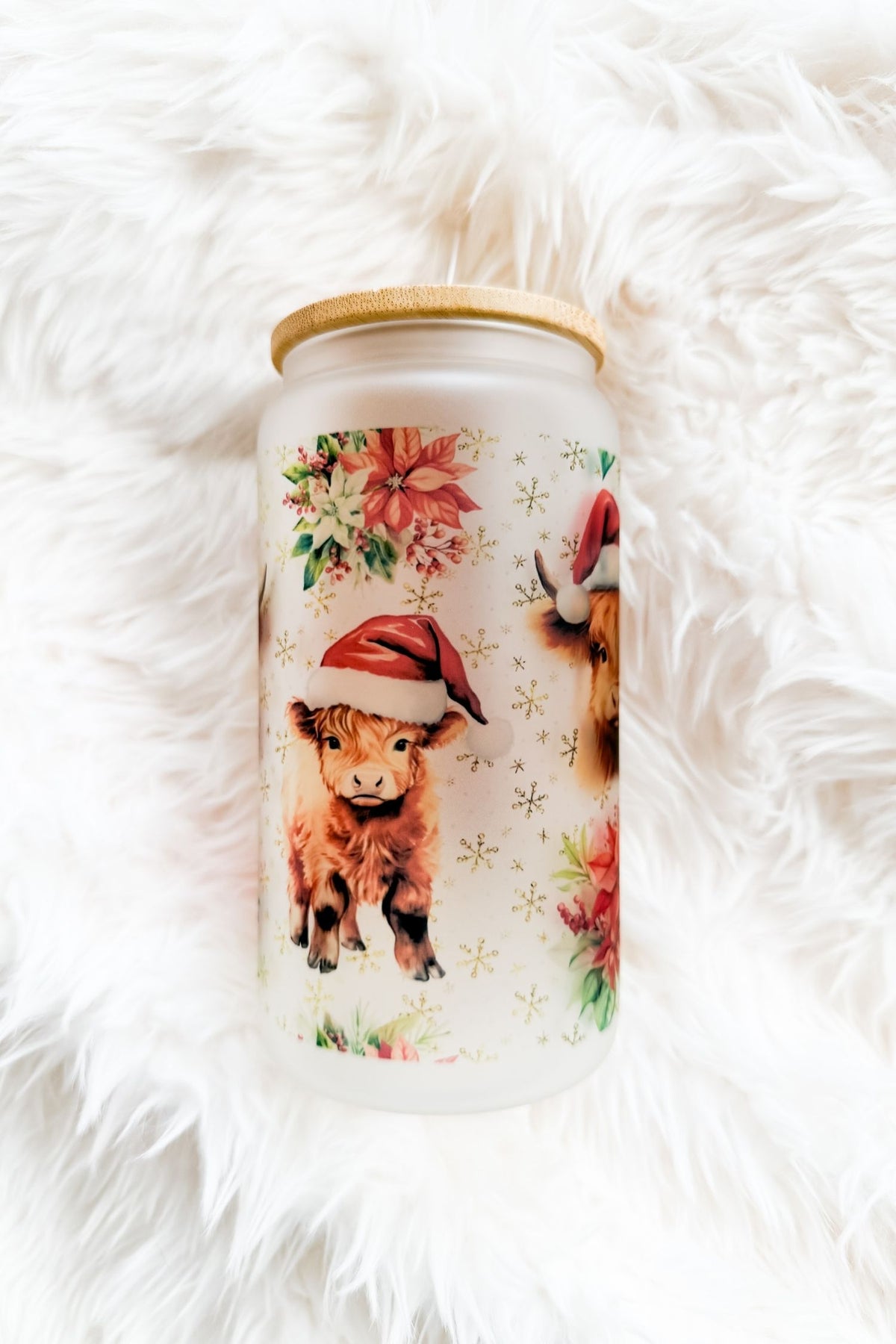 Christmas Highland Cow Poinsettia 16oz Glass Tumbler