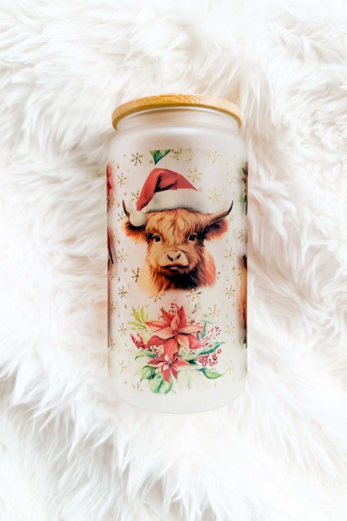 Christmas Highland Cow Poinsettia 16oz Glass Tumbler