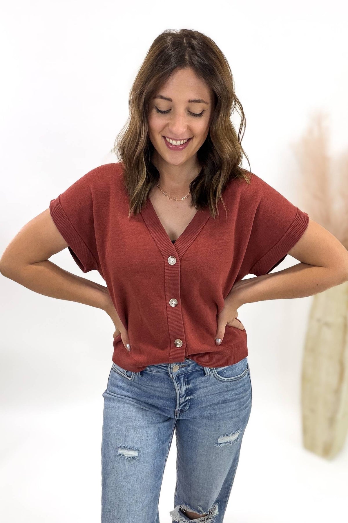 Umber Rust V-Neck Button Front Sweater