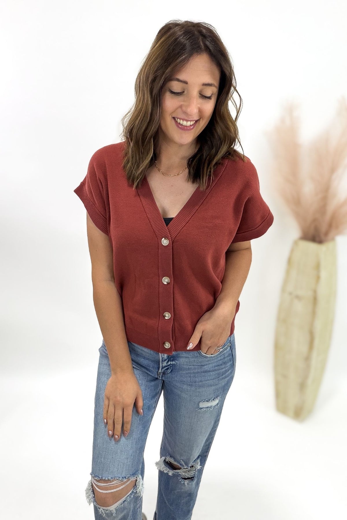 Umber Rust V-Neck Button Front Sweater
