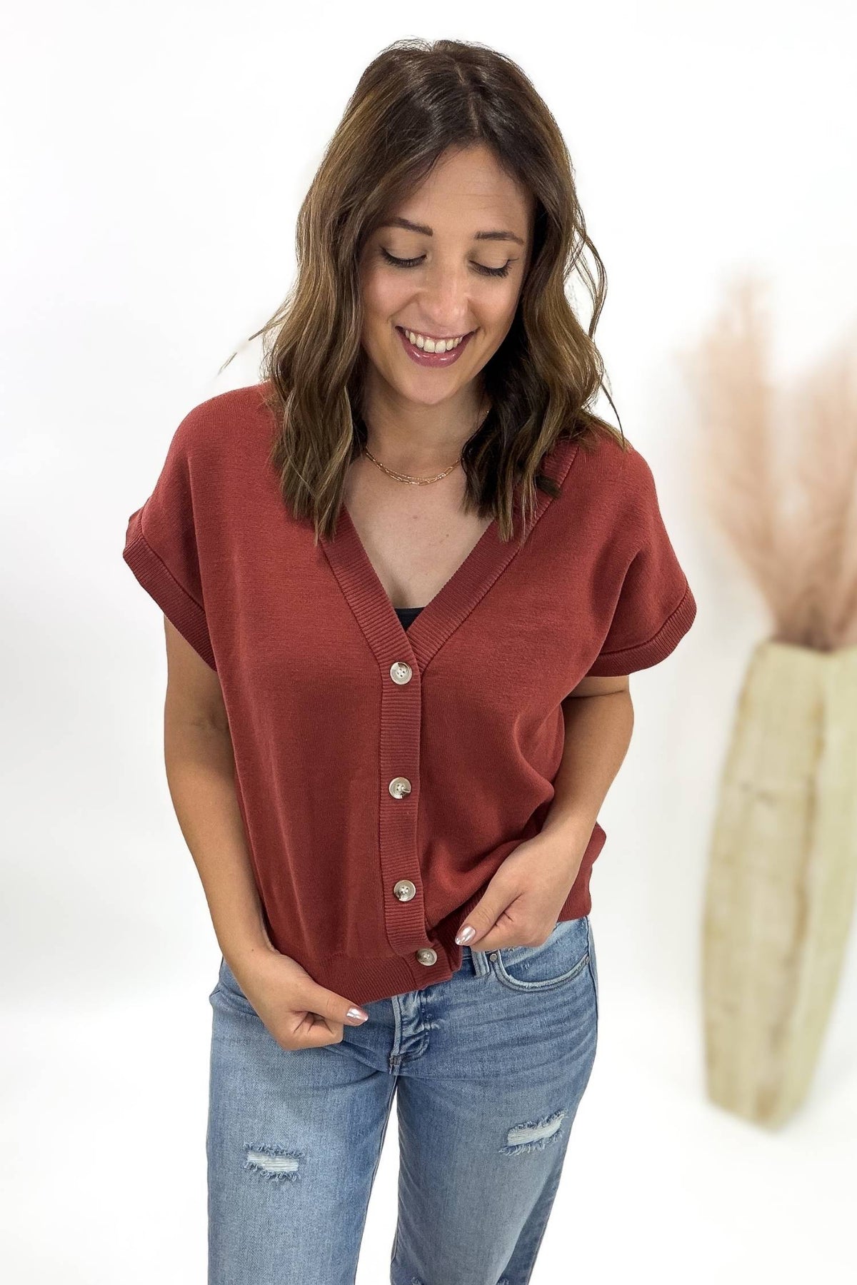Umber Rust V-Neck Button Front Sweater