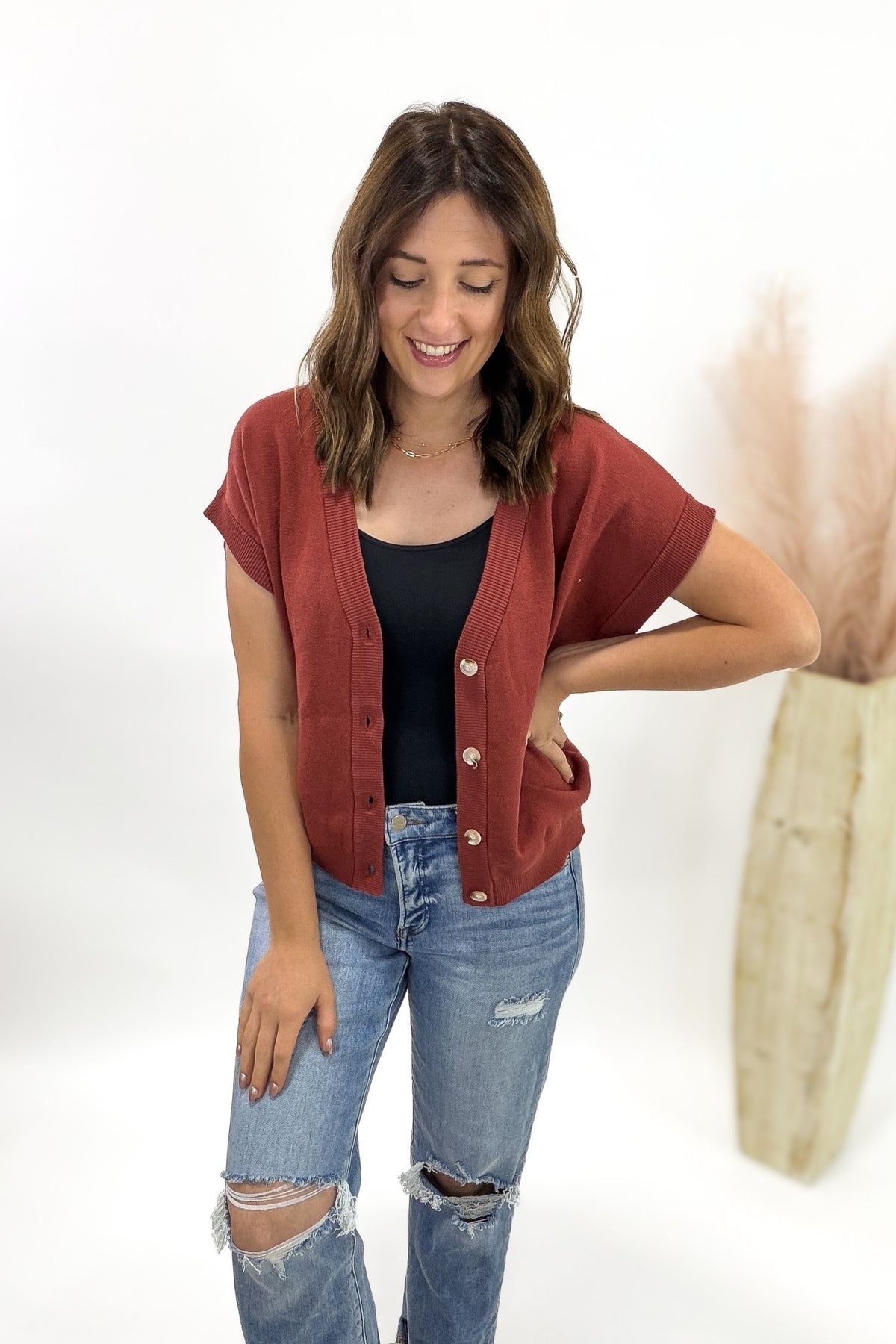 Umber Rust V-Neck Button Front Sweater