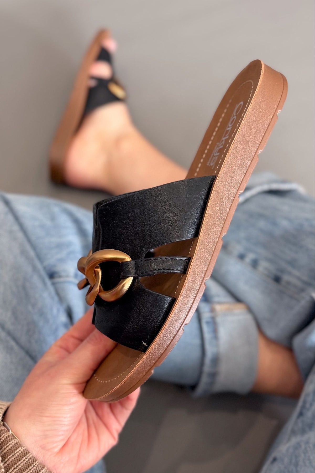 Corkys black slide sandals with gold chain detail