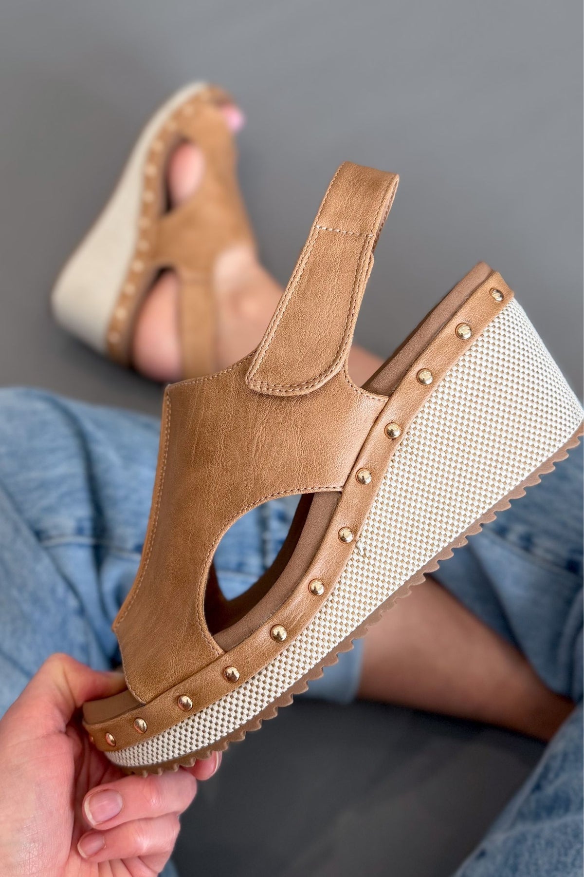 Corkys tan wedge sandals with stud detail