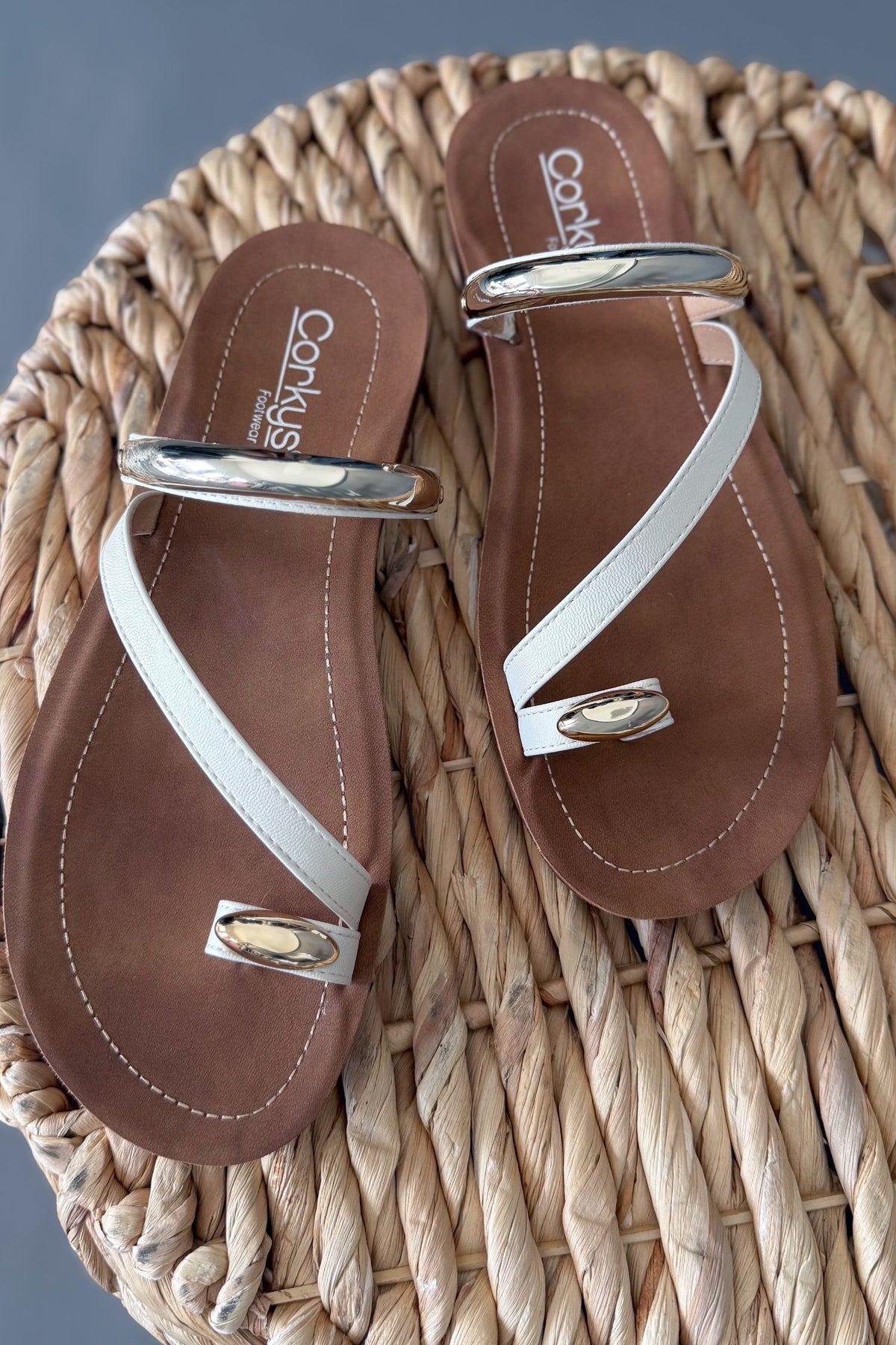 corkys hit the strip white sandal flatlay