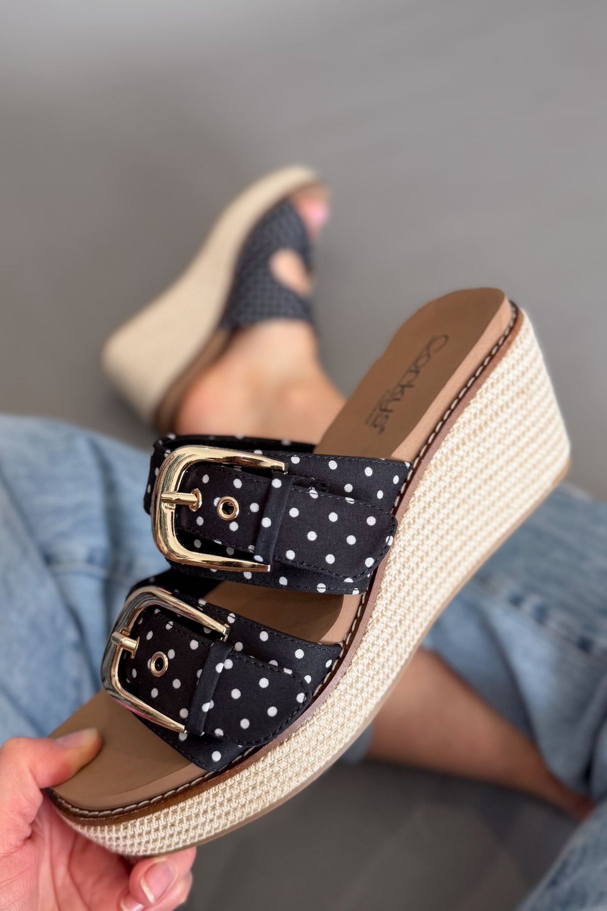 Corkys polka dot wedge sandals with gold buckles