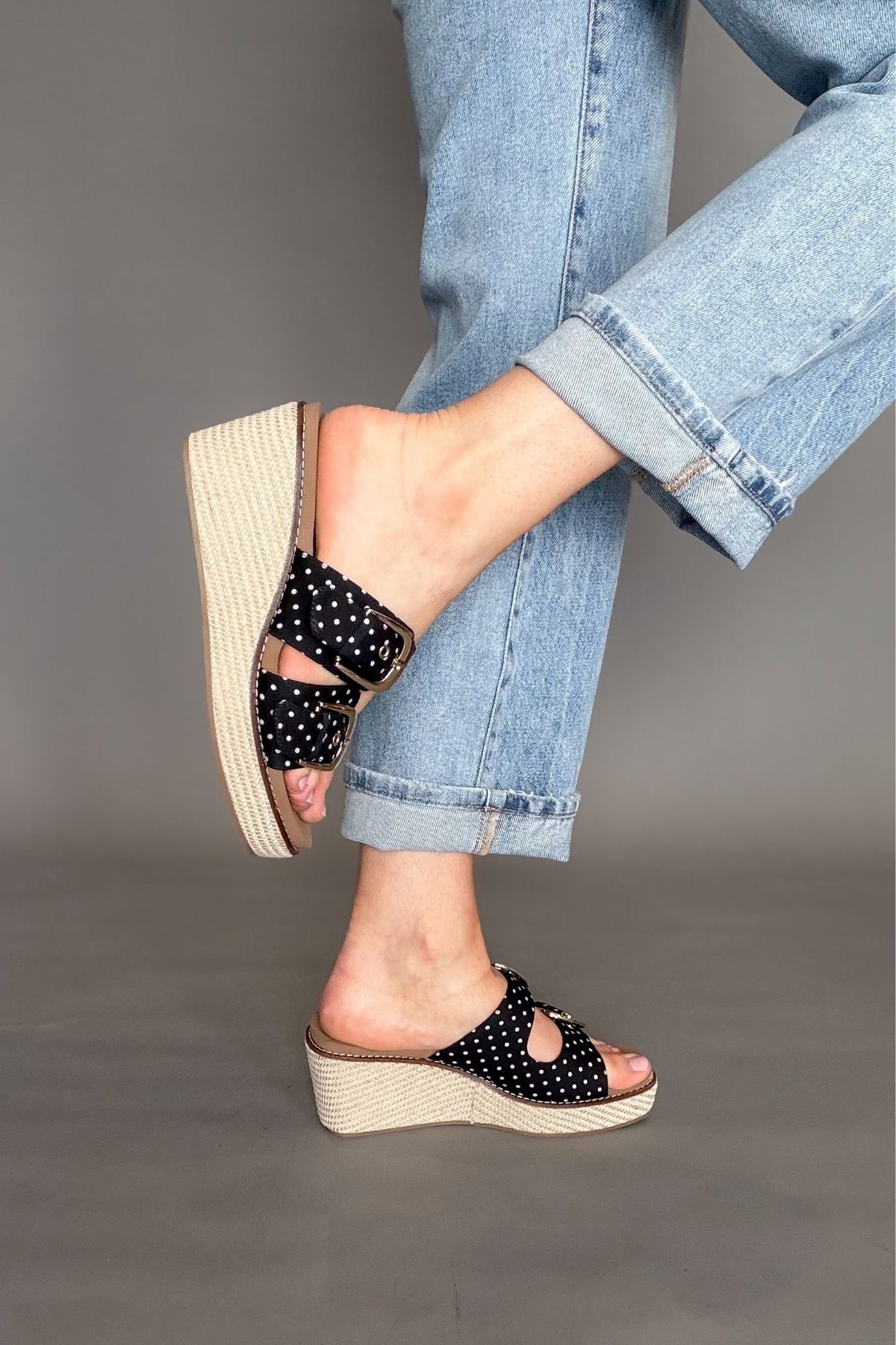 Black and white polka dot platform sandals