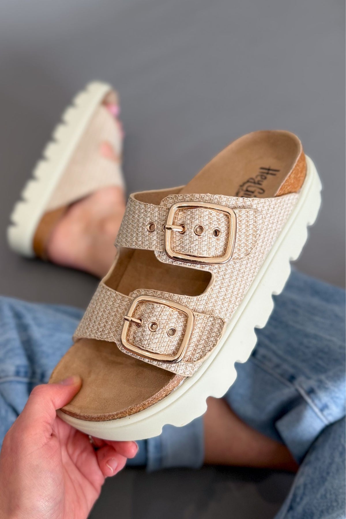 Corkys ivory double buckle platform sandals