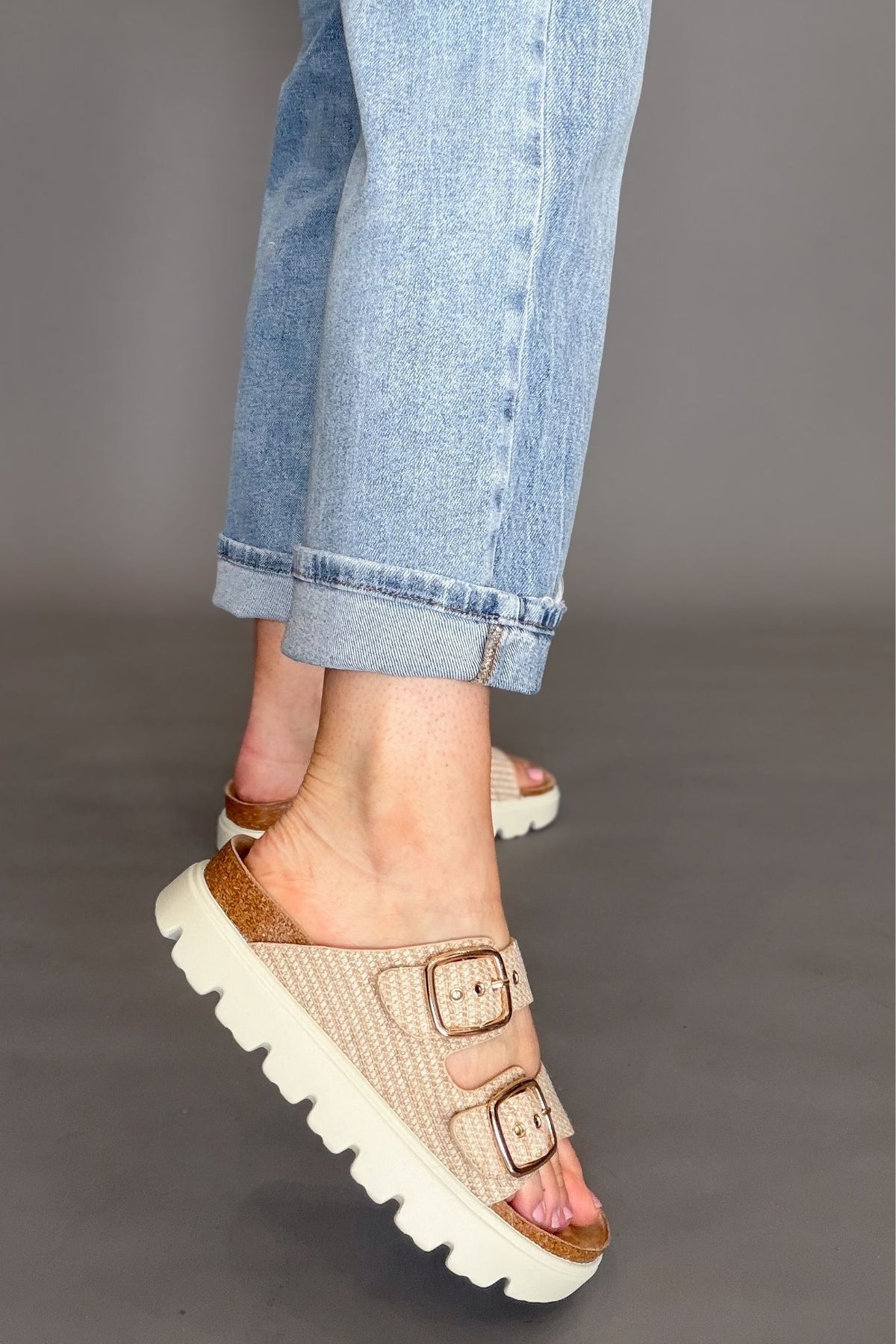 Double strap buckle sandals with textured upper