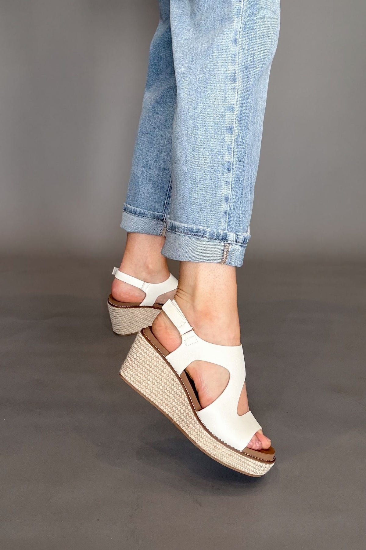 White summer wedge sandals with easy on and off strap