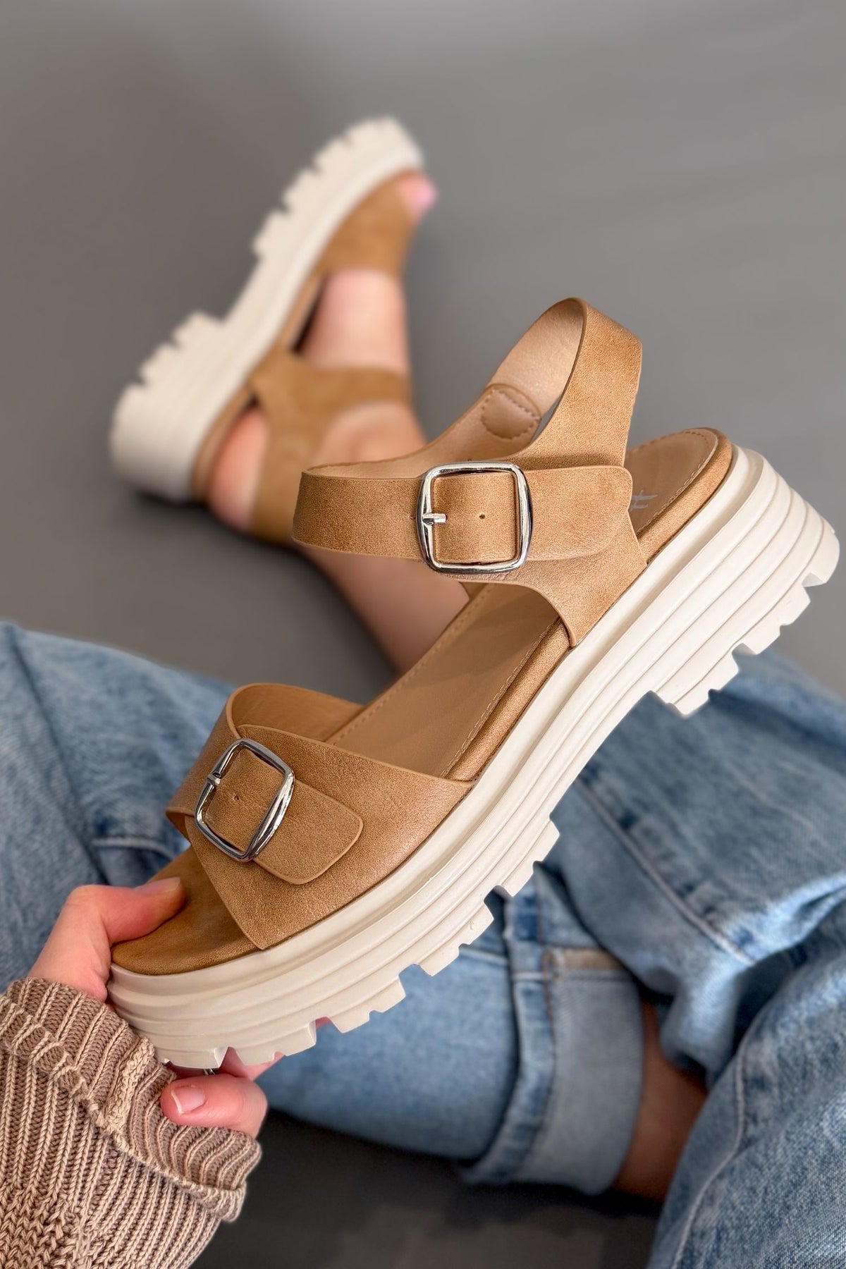 Corkys platform sandals in tan with buckle straps