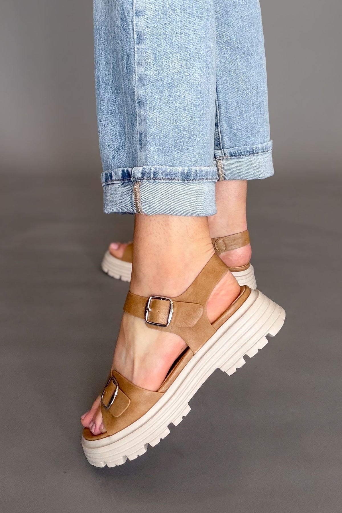 Comfortable tan sandals with tread sole