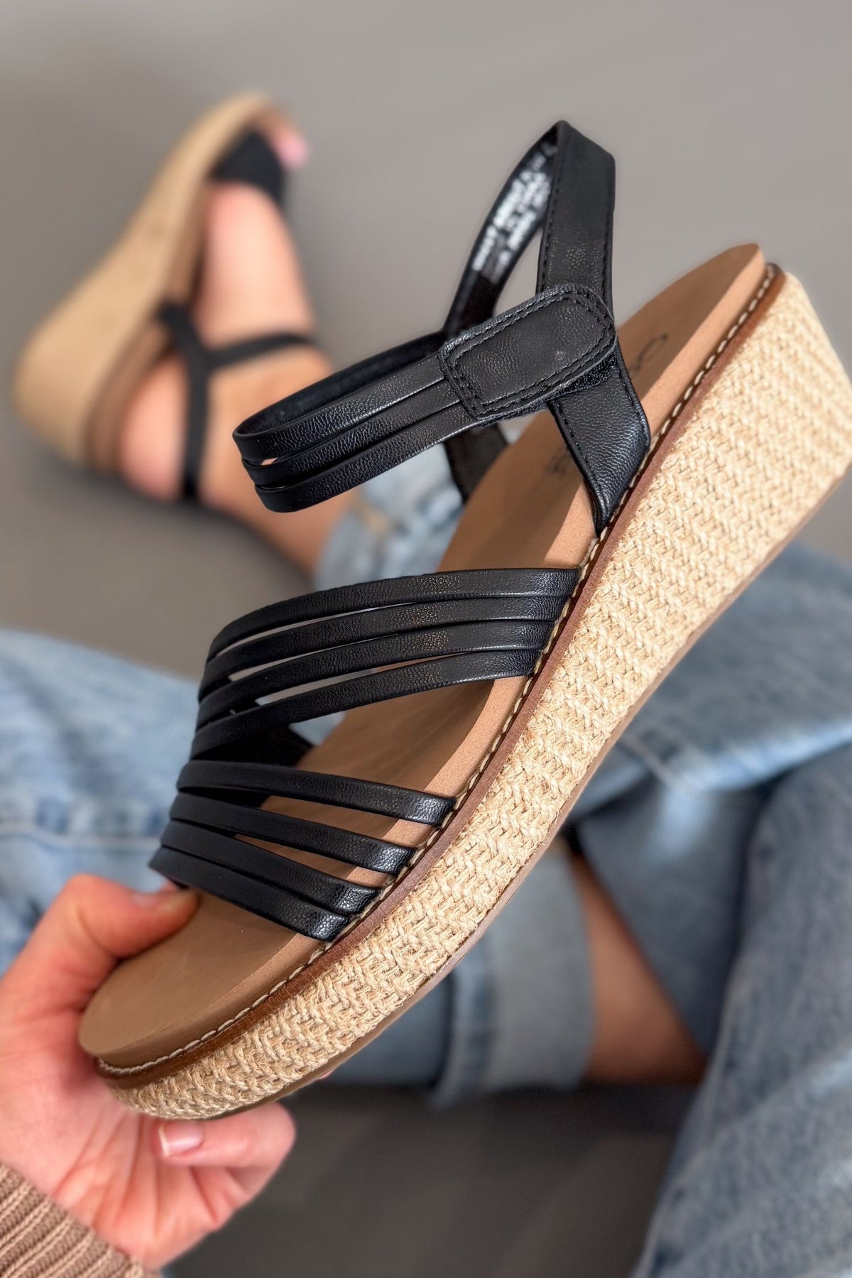 Corkys black strappy wedge sandals with ankle strap
