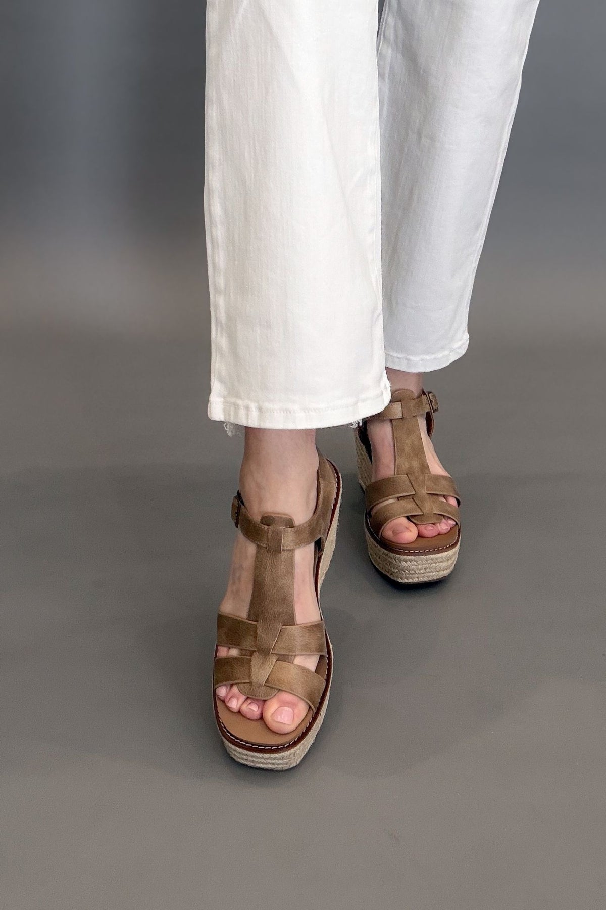 Corkys Something’s Fishy taupe wedge sandals with espadrille platform and ankle strap.