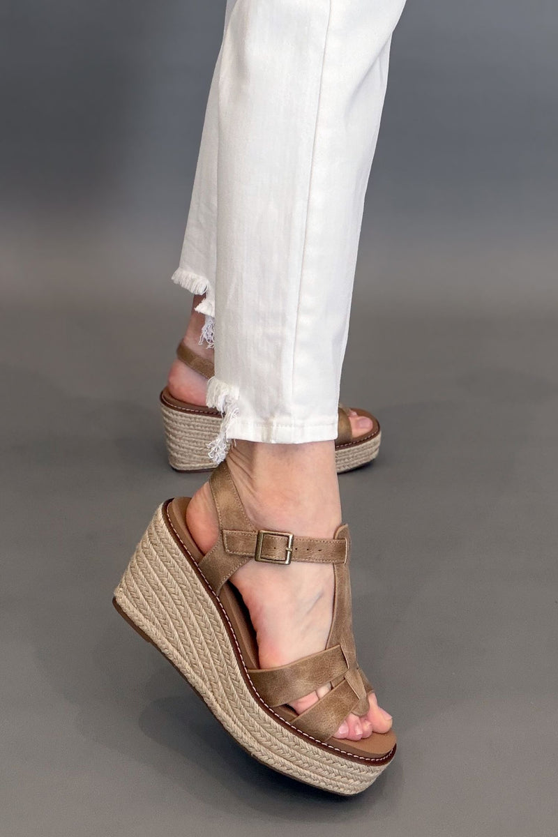Corkys Something’s Fishy taupe wedge sandals with espadrille platform and ankle strap.