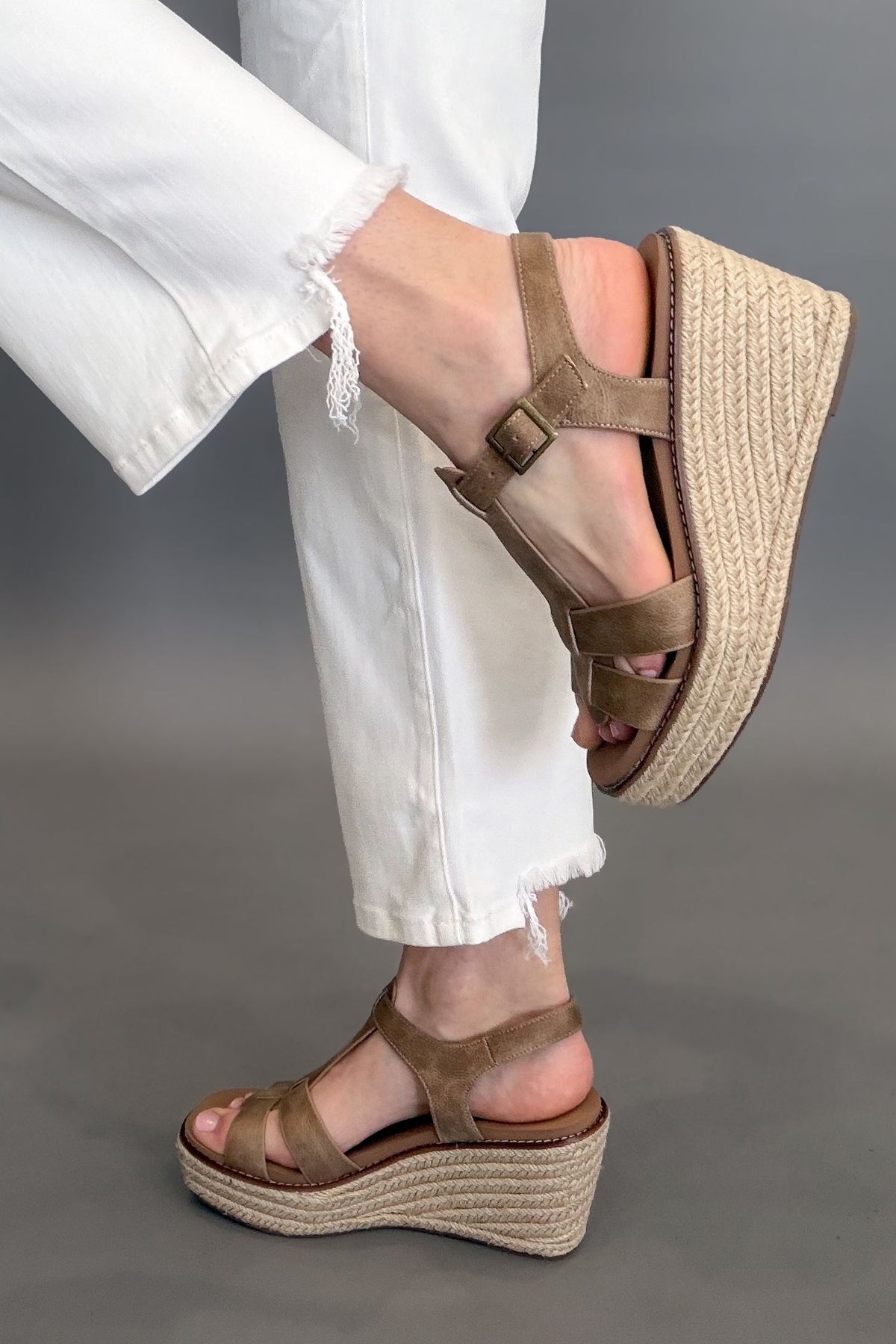 Corkys Something’s Fishy taupe wedge sandals with espadrille platform and ankle strap.