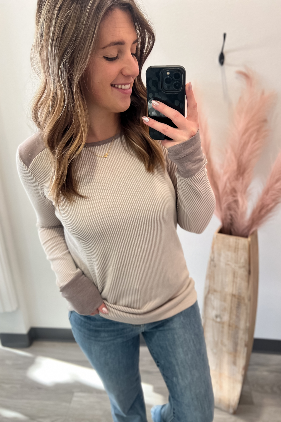 Crew Neck Color Block Long Sleeve- Taupe