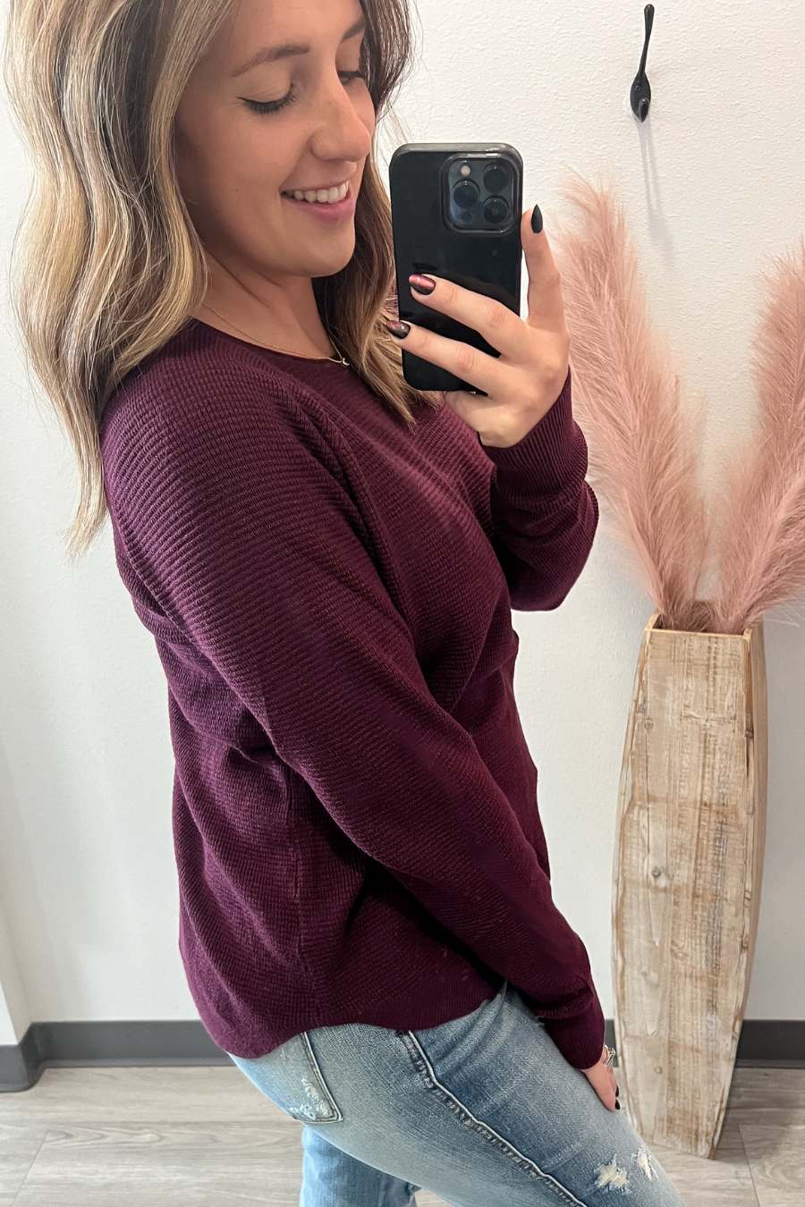 Crew Neck Mini Waffle Sweater- Dark Plum