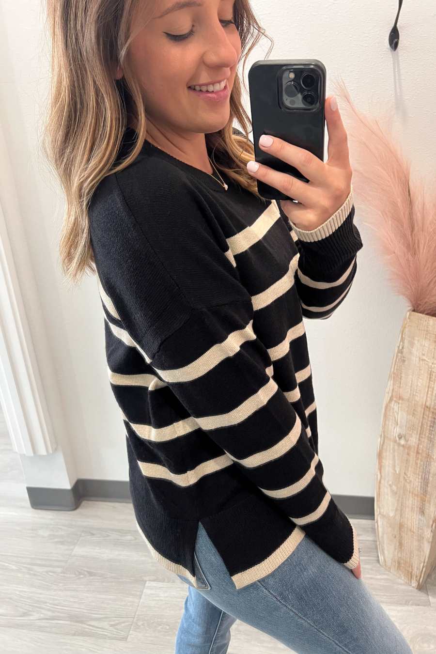 Crew Neck Oatmeal Stripe Sweater- Black