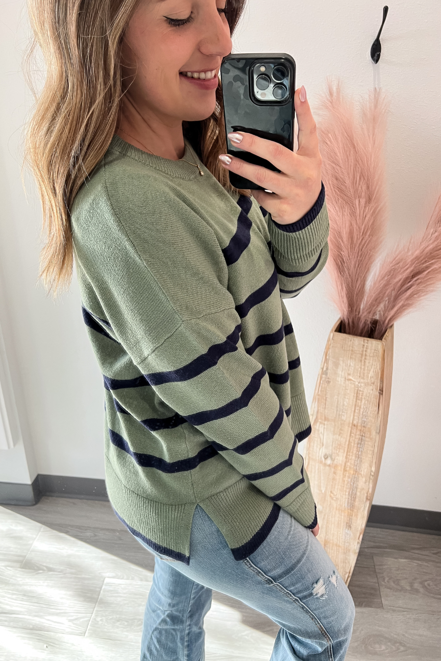 Crew Neck Stripe Sweater- Light Olive