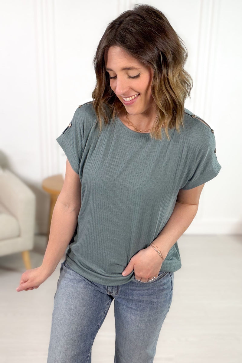 Lightweight dusty blue tee paired with jeans casual outfit