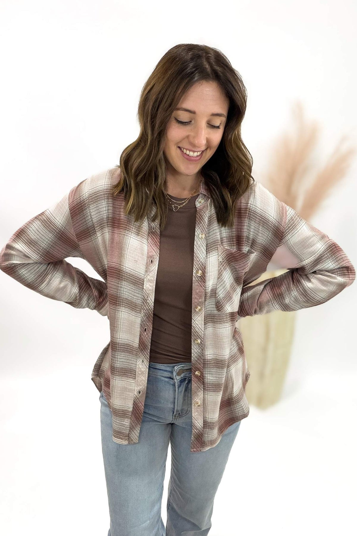 Dusty Pink Classic Plaid Button Up
