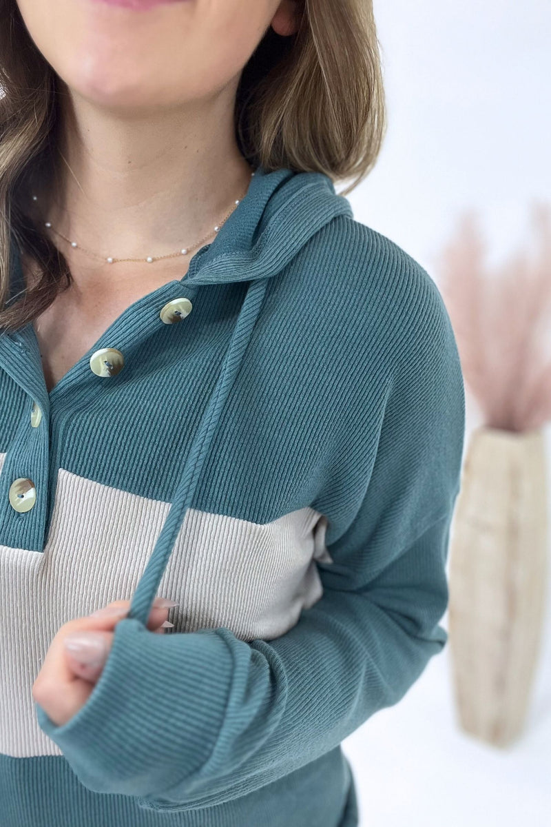 Teal and beige sweater with a blurred background