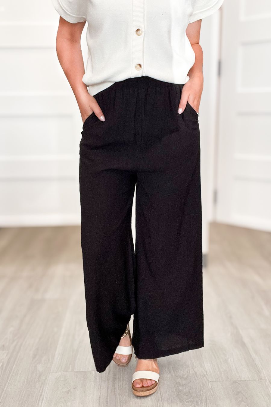 Elastic Waist Wide Leg Black Pants With Pockets