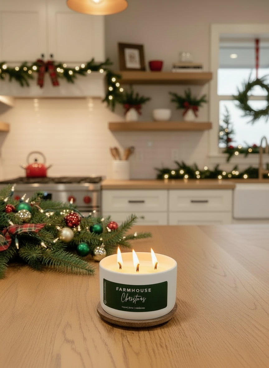 lit candle in a kitchen with christmas decor