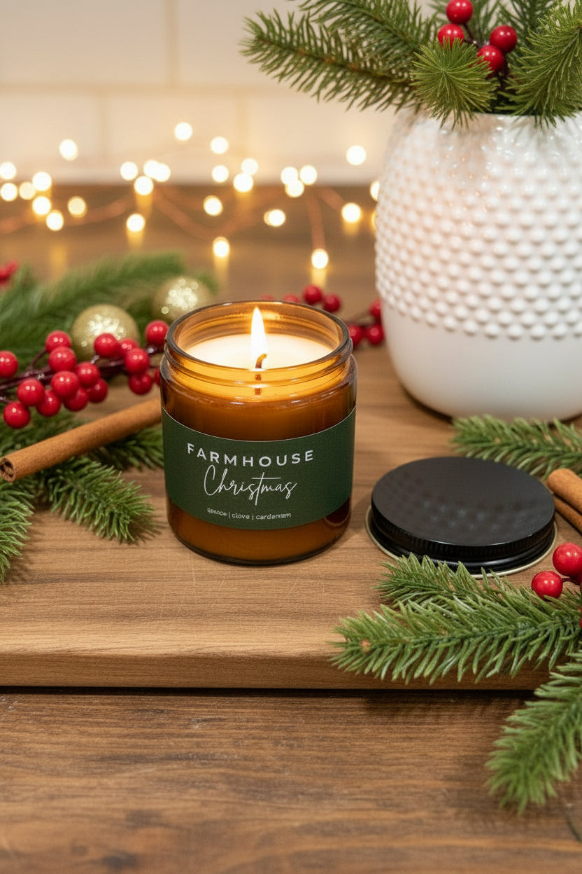 Candle in an amber jar labeled 'Farmhouse Christmas' on a wooden surface with a textured white object in the background.