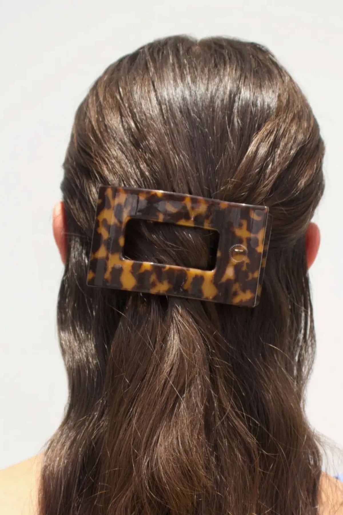 Person with long hair wearing a tortoiseshell barrette against a plain background