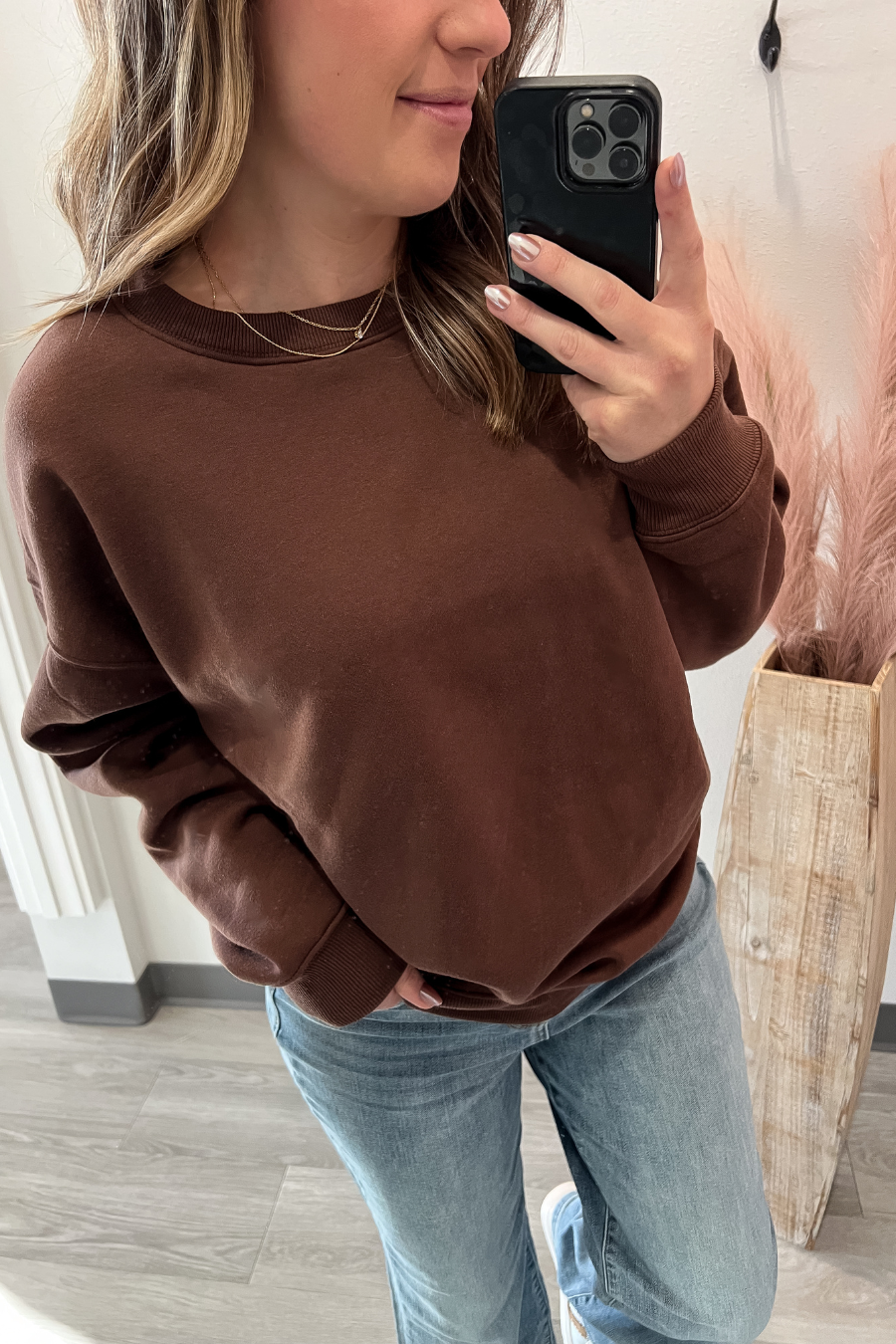 Fleece Crew Neck Pullover Brown Sweatshirt