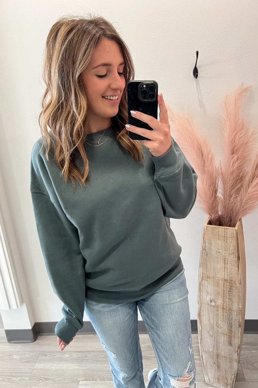 Fleece Crew Neck Pullover Jade Sweatshirt