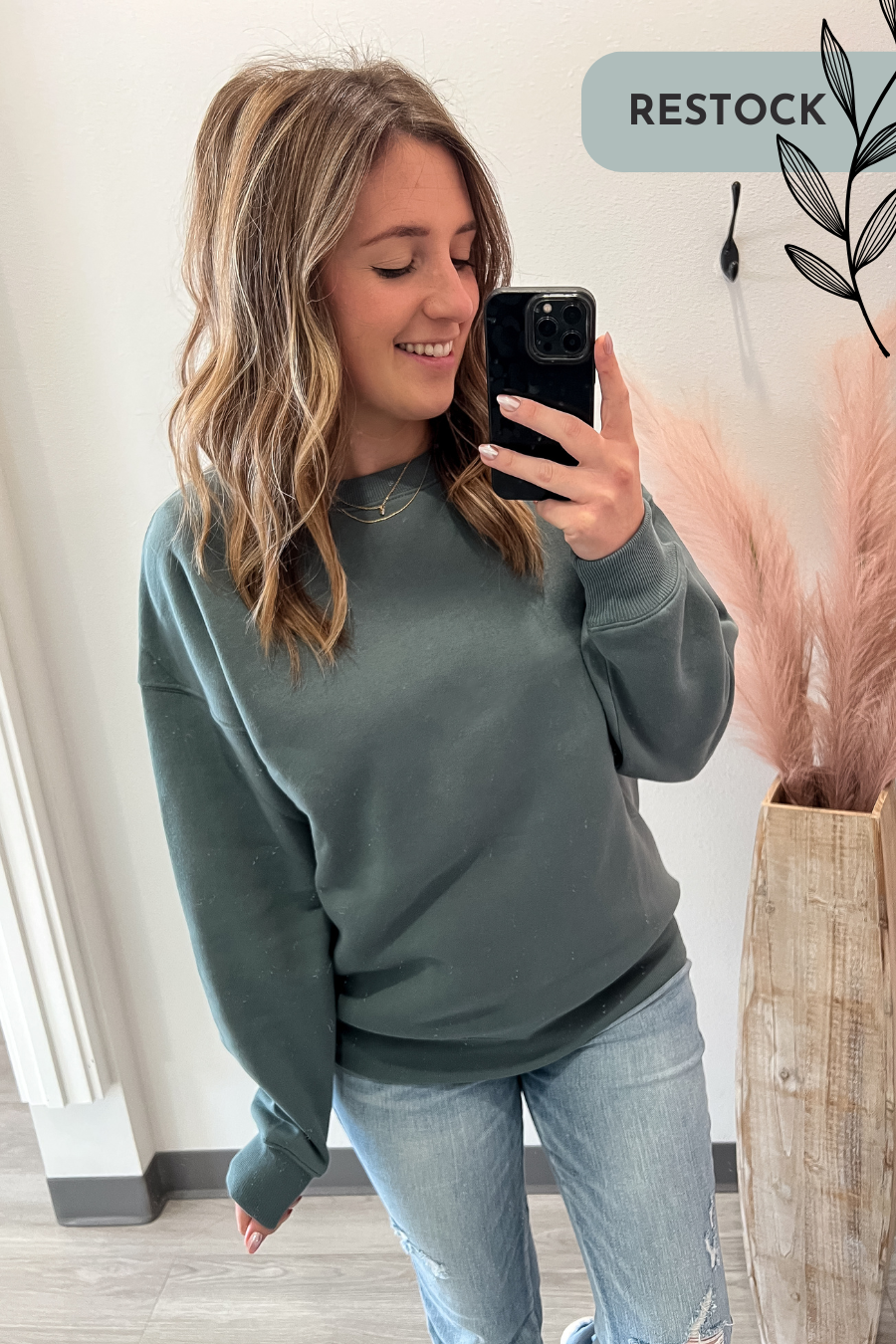 Fleece Crew Neck Pullover Jade Sweatshirt