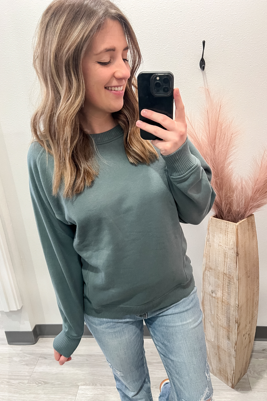 Fleece Round Neck Ribbed Side Sweater- Jade