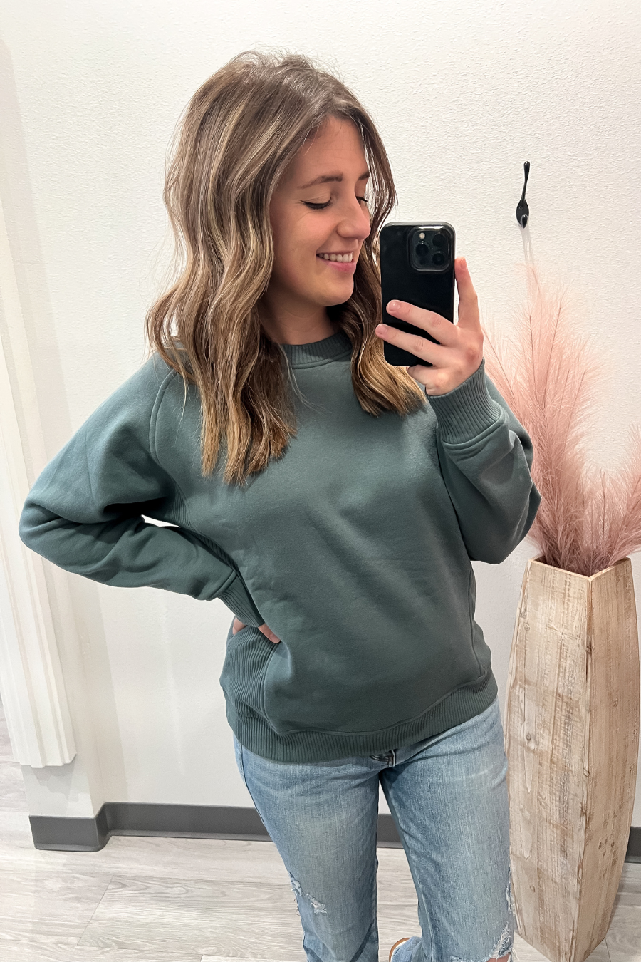 Fleece Round Neck Ribbed Side Sweater- Jade