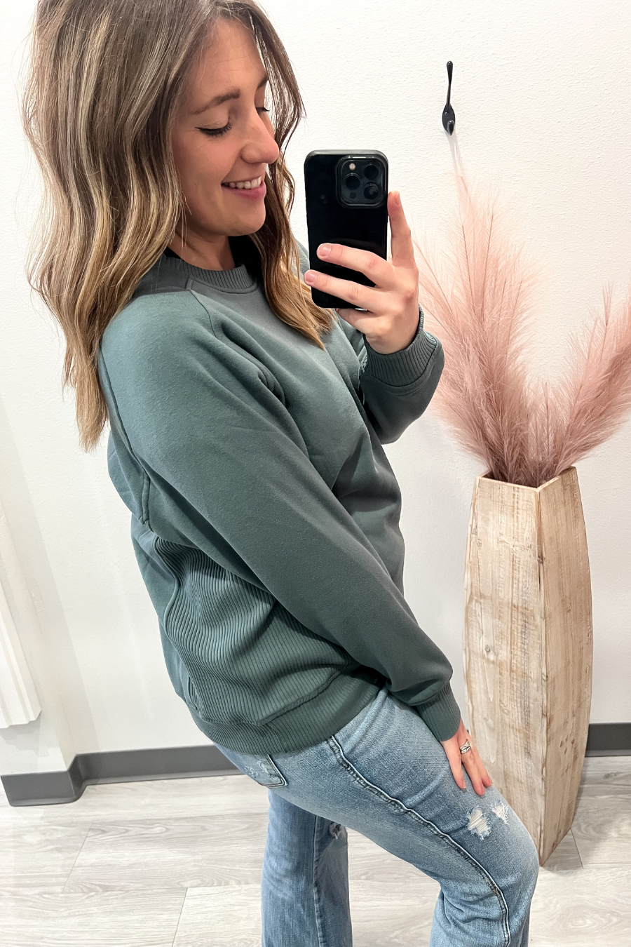 Fleece Round Neck Ribbed Side Sweater- Jade