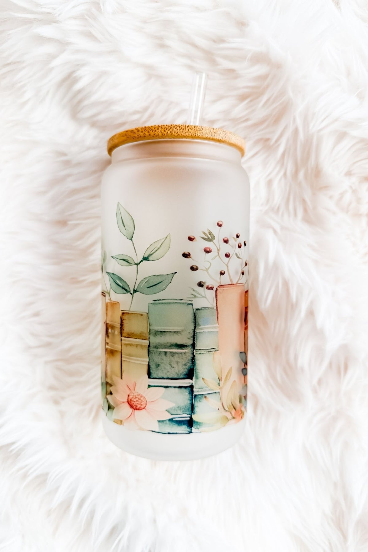 Floral Books 16oz Frosted Glass Tumbler